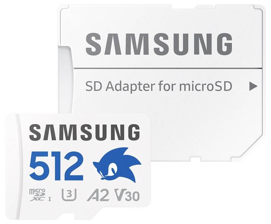 Samsung 512 GB microSD-Karte mit Sonic-Logo neben einem SD-Adapter für microSD, beide in Weiß und Blau gehalten.