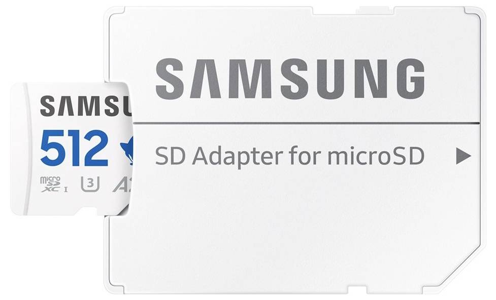 Samsung microSD-Karte mit 512 GB Kapazität neben SD-Adapter, geeignet für hohe Datenübertragungsgeschwindigkeit und mobile Anwendungen.