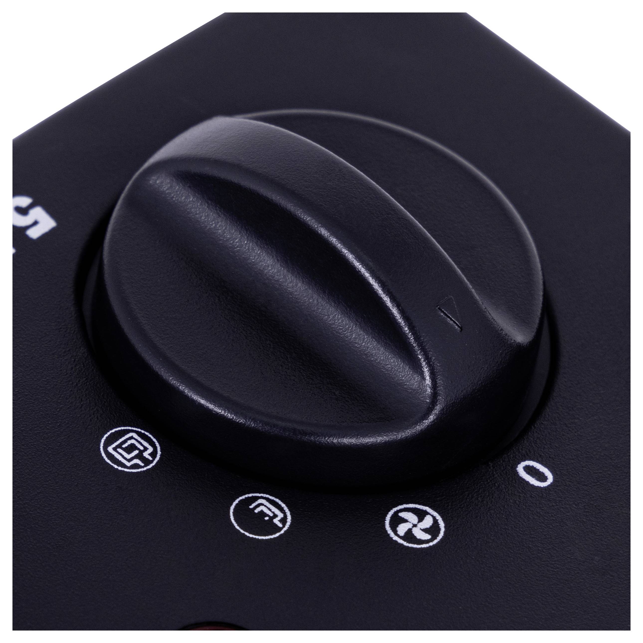 Eine Nahaufnahme eines Wahlschalters mit vier Symbolen drumherum: ein Ventilator, zwei gewellte Linien, ein Dreieck und ein Power-Symbol, die verschiedene Einstellungen anzeigen.