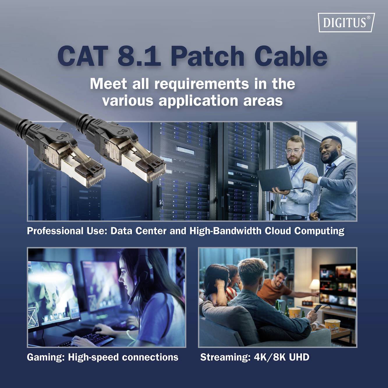 'CAT 8.1 Patch Cable' in einem Rechenzentrum. Anwendungen: Datenzentrum, Cloud-Computing, Gaming und Streaming in 4K/8K UHD.