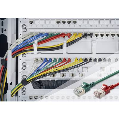 Ein Netzwerkverteilerpaneel mit mehreren farbigen Ethernetkabeln eingesteckt. Unten rechts zwei lose Ethernetstecker in Rot und Grün.