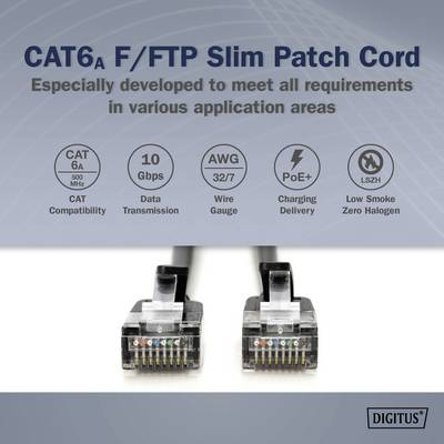 'CAT6A F/FTP Patchkabel. Entwickelt für verschiedene Anwendungen.' Icons zeigen: 'CAT6A kompatibel, 10 Gbps, AWG 32/7, PoE+, LSZH.'