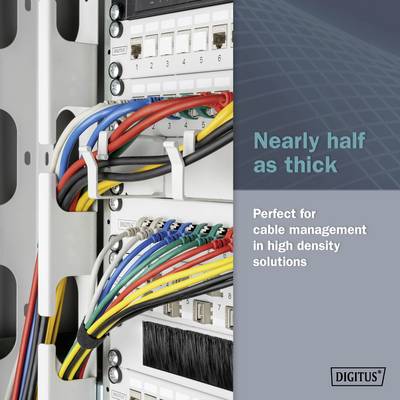 Netzwerkschrank mit farbigen Kabeln, ordentlich gebündelt. Text: 'Nearly half as thick', 'Perfect for cable management in high density solutions'.