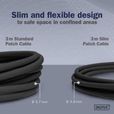 Zwei Netzwerk-Patchkabel, links Standard mit 5,7 mm Durchmesser, rechts schlankes Design mit 3,8 mm Durchmesser. Text: 'Slim and flexible design to save space in confined areas'.