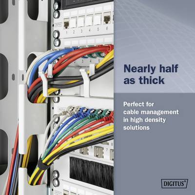 'Neatly arranged, colored network cables in a server rack. Text: Nearly half as thick - Perfect for cable management in high density solutions.'