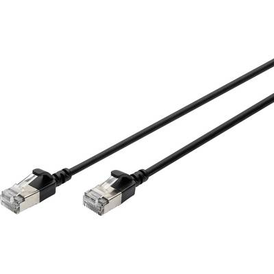 Schwarzes Ethernet-Kabel mit zwei RJ-45-Steckern, dient zur Netzwerkverbindung.