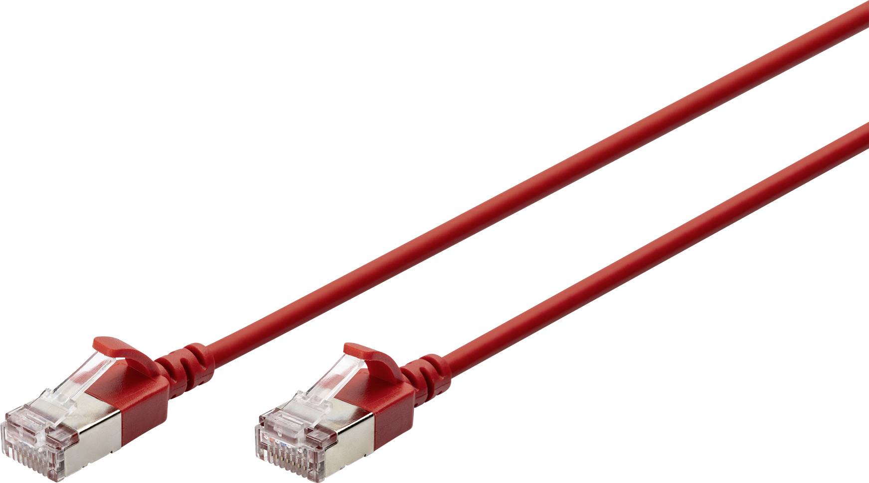 Ein rotes Ethernet-Kabel mit zwei RJ45-Steckern an den Enden, geeignet für Netzwerke und Internetverbindungen.