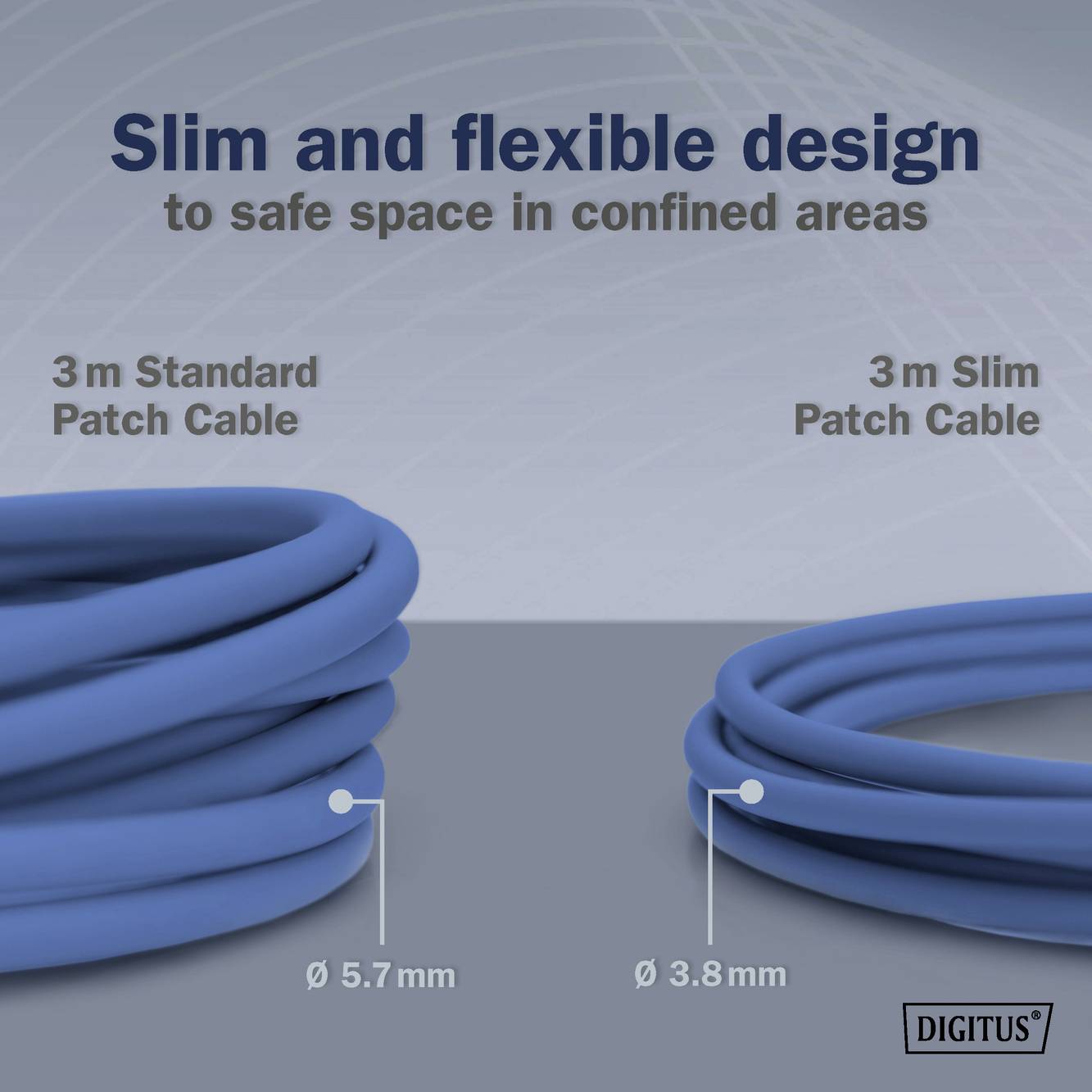 Ein Bild zeigt zwei blaue Netzwerkkabel: links ein 3 m Standard-Patchkabel, rechts ein 3 m schmales Patchkabel. Text oben: 'Slim and flexible design to safe space in confined areas'.