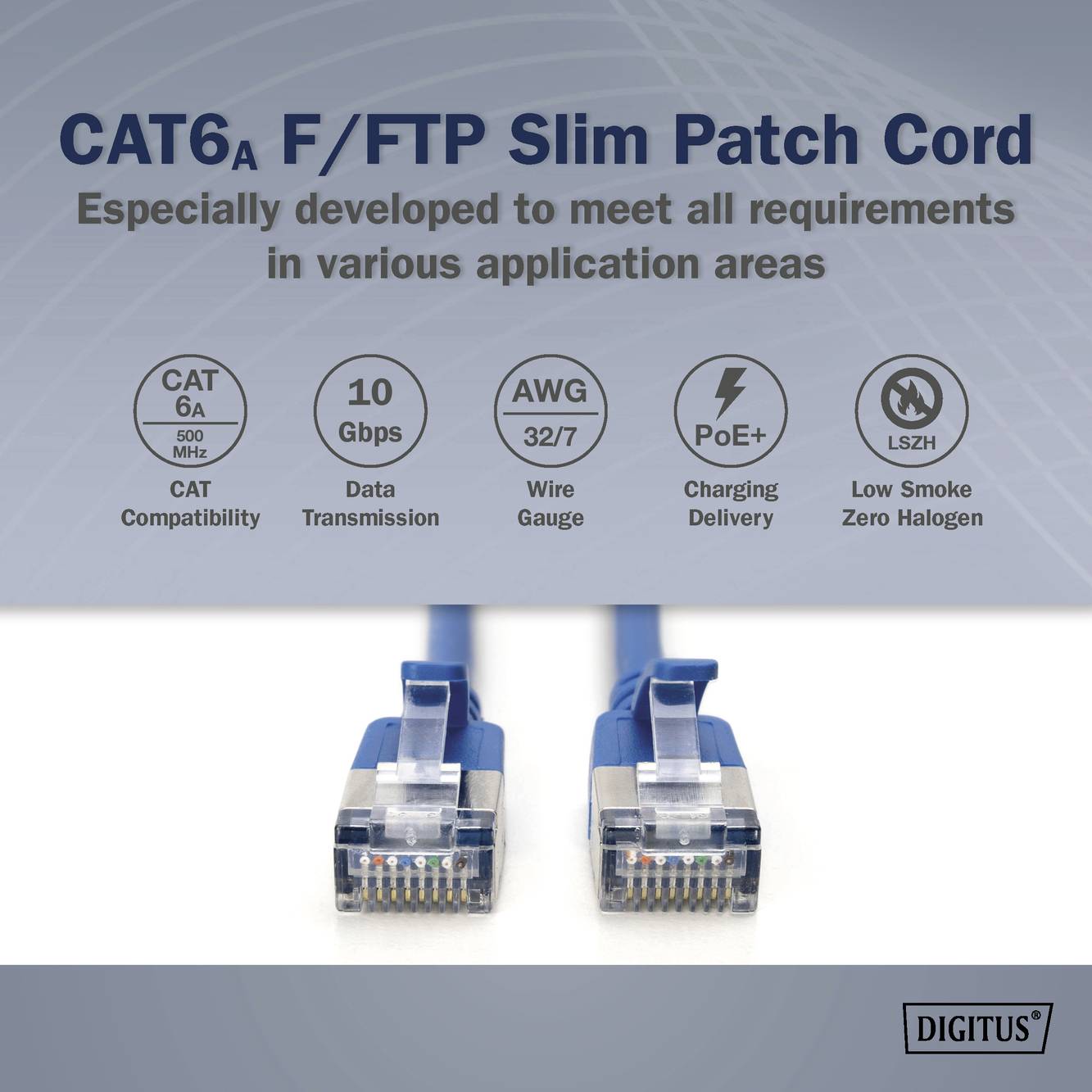 'Zwei blaue CAT6A F/FTP Netzwerkkabel mit RJ45-Stecker. Textelemente betonen Merkmale: 600 MHz, 10 Gbps, AWG 32/7, PoE+, geringe Rauchentwicklung.'