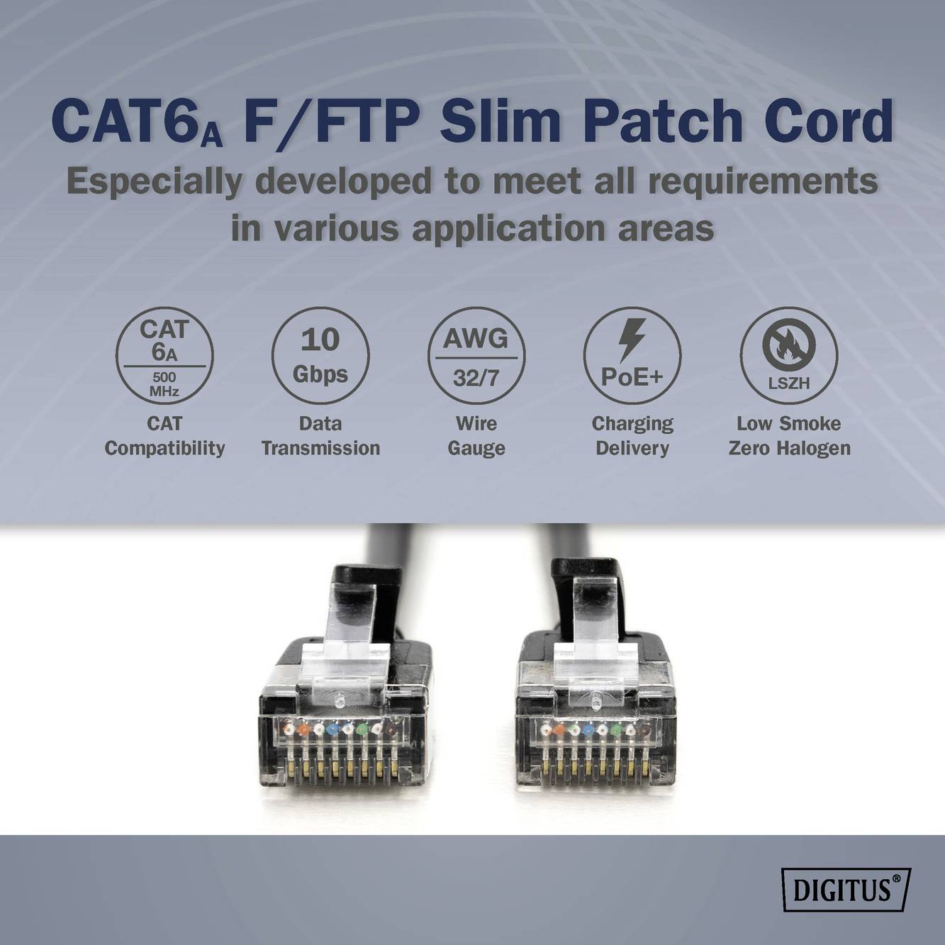 'CAT6A F/FTP Slim Patch Cord. Especially developed to meet all requirements in various application areas.' Zwei Kabelenden mit RJ45-Stecker im Vordergrund.