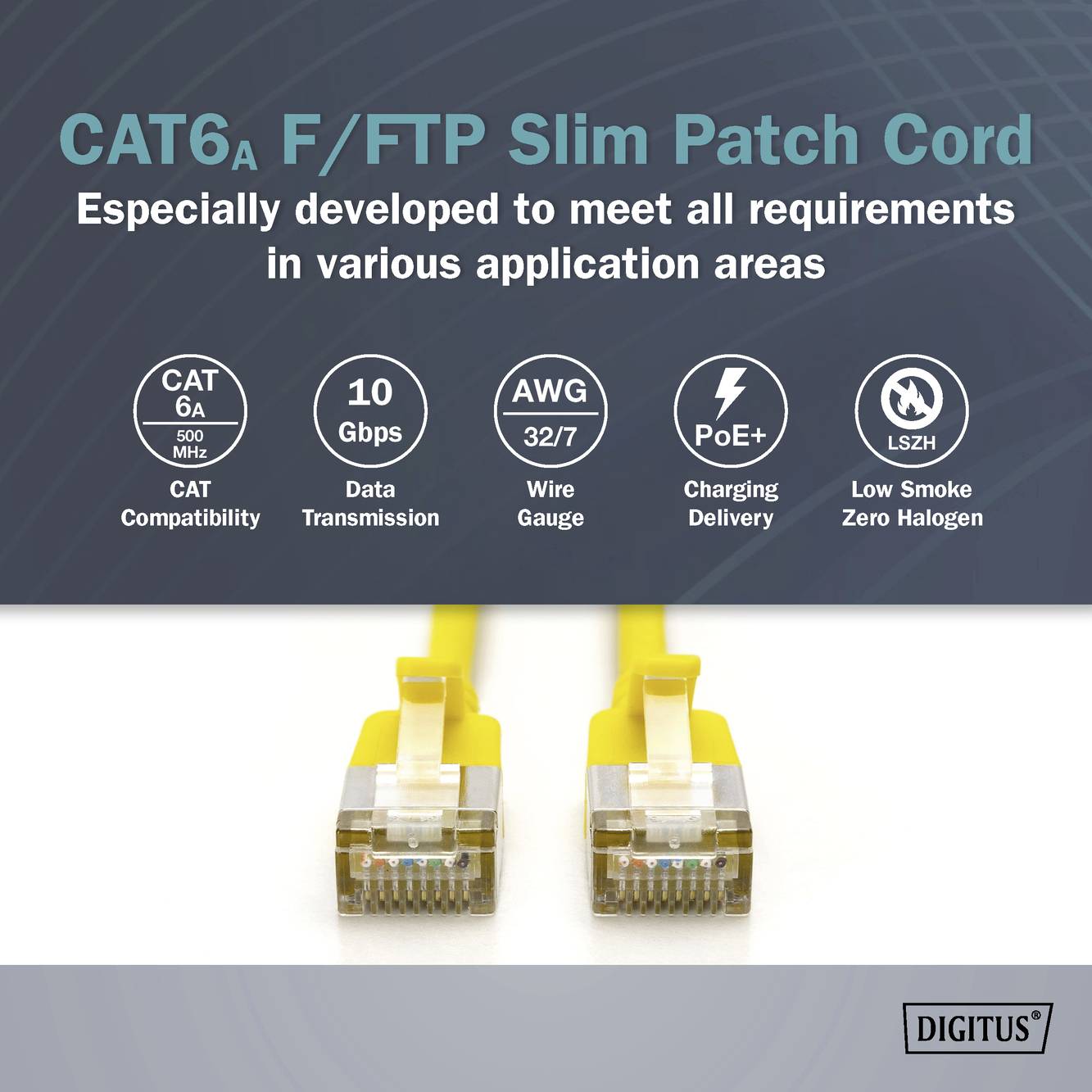 'Bild von zwei gelben CAT6A F/FTP Slim Patchkabeln. Text beschreibt Spezifikationen: 10 Gbps, AWG 32/7, PoE+, geringe Rauchentwicklung.'