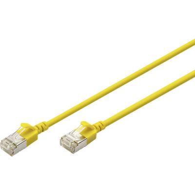 Gelbes Ethernet-Kabel mit zwei RJ45-Steckern, verwendet für Netzwerkverbindungen.