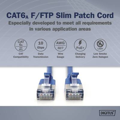 'CAT6A F/FTP Slim Patch Cord', blauer Kabelstecker, entwickelt für vielseitige Anwendungen mit CAT 6A, 10 Gbps, AWG 32/7, PoE+, LSZH.