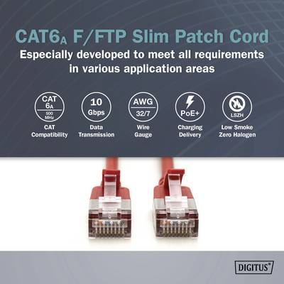 'CAT6A F/FTP Slim Patch Cord' mit Spezifikationen: CAT 6A, 10 Gbps, AWG 32/7, PoE+ geeignet, LSZH. Entwickelt für diverse Anwendungsbereiche.