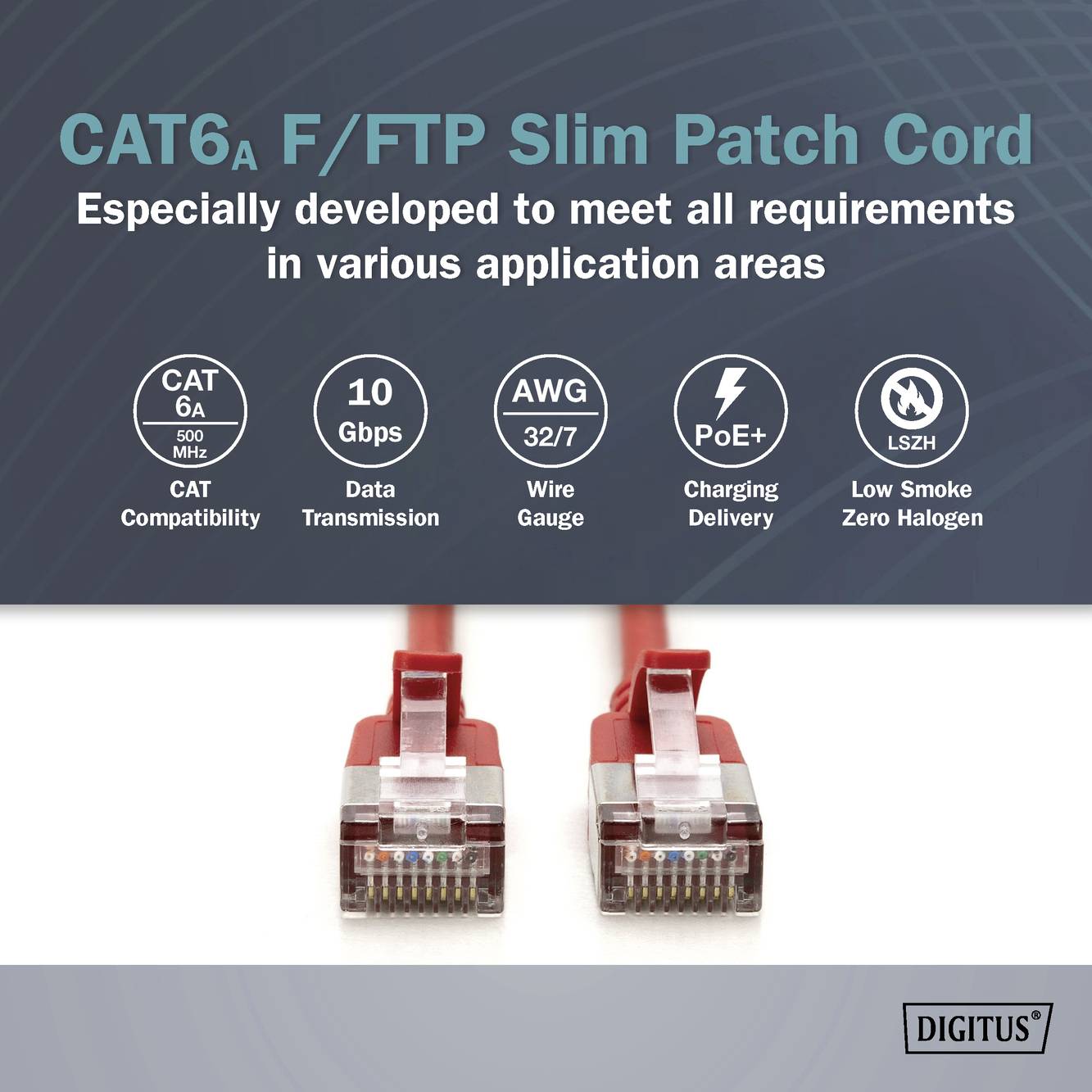 'CAT6A F/FTP Slim Patch Cord', mit 10 Gbps, AWG 32/7, PoE+, CAT- und CAT6A-Kompatibilität, geringe Rauchentwicklung, für verschiedene Anwendungen.