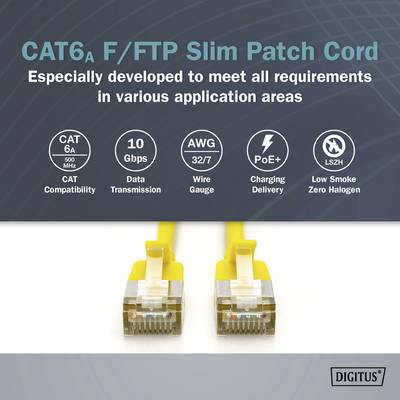 Gelbes CAT6A F/FTP Patchkabel, entwickelt für verschiedene Anwendungen. Merkmale: 10 Gbps, PoE+, geringe Rauchentwicklung.