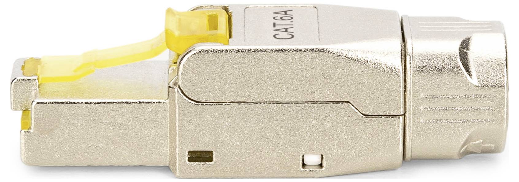 Stecker für Netzwerkkabel CAT6A, metallisch, mit gelbem Clip zur Sicherung der Verbindung. Geeignet für Hochgeschwindigkeits-Datenübertragung.