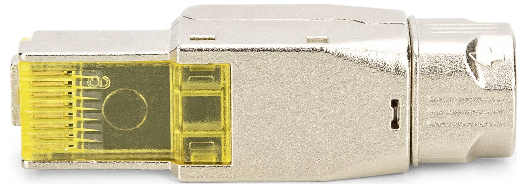 Ein silberner RJ45-Steckeradapter mit gelber Kunststoffkappe, der für Netzwerkverbindungen verwendet wird.