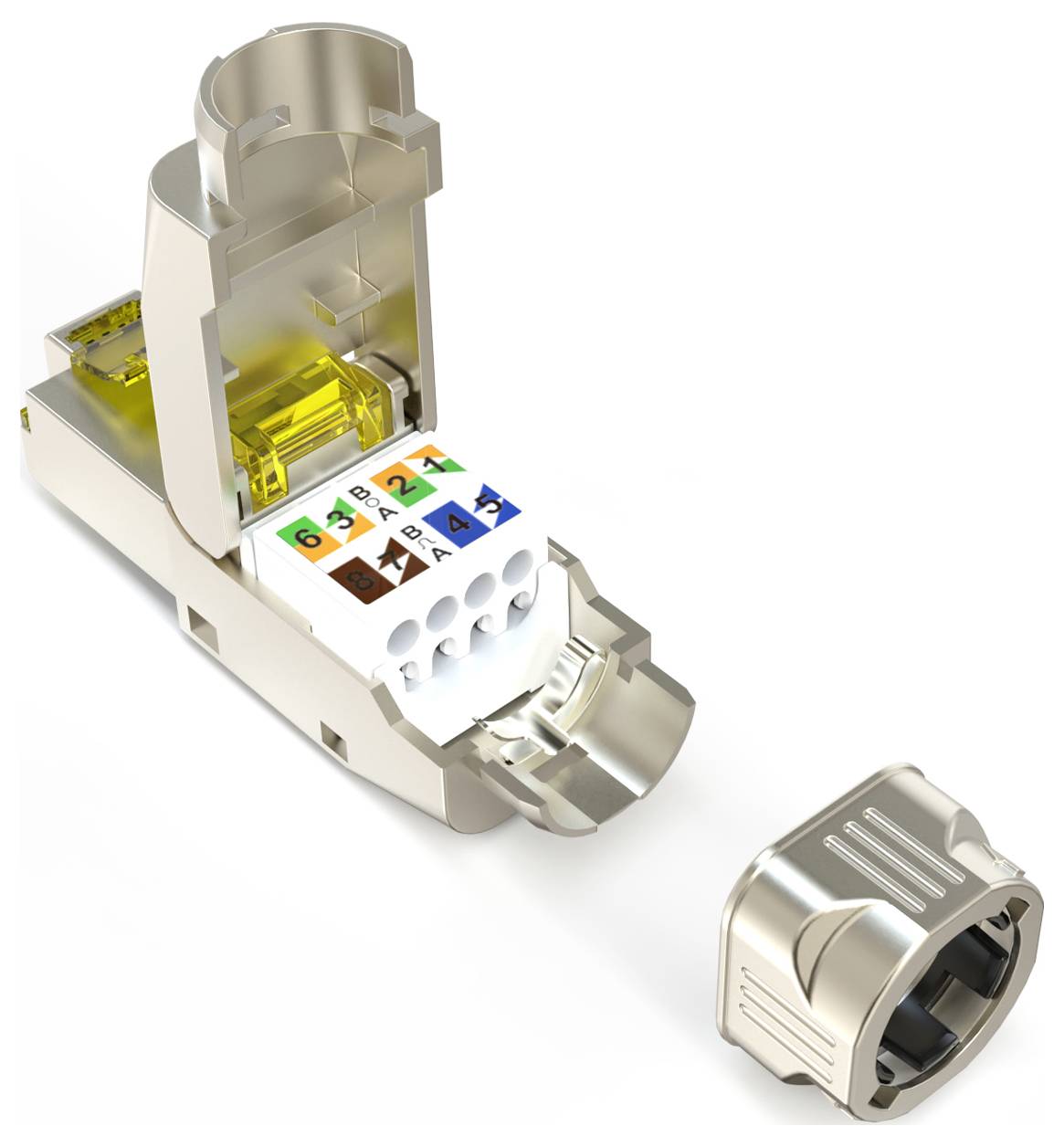 Steckerverbinder mit offenen Drähten und abgenommenem Gehäuse, zeigt die farbcodierte Anschlussstelle für Kabelverbindung.