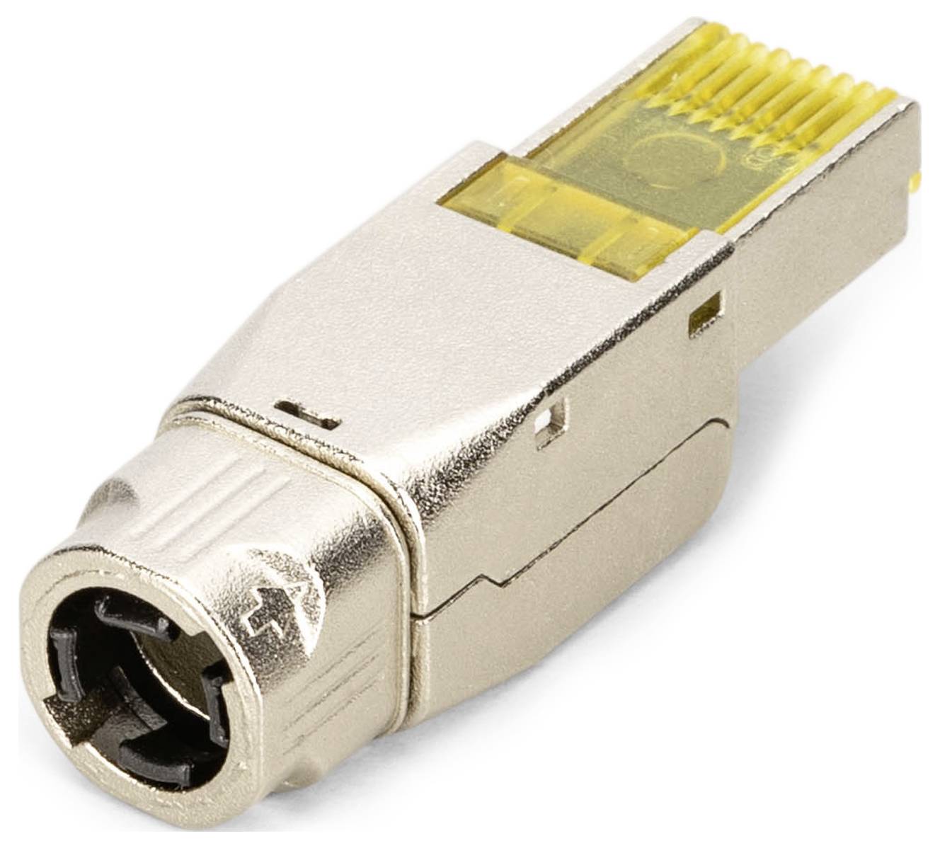 Ein metallischer Ethernet-Stecker mit gelben Kontakten in Nahaufnahme, zeigt wichtige Details zur Netzwerkverbindungstechnik.