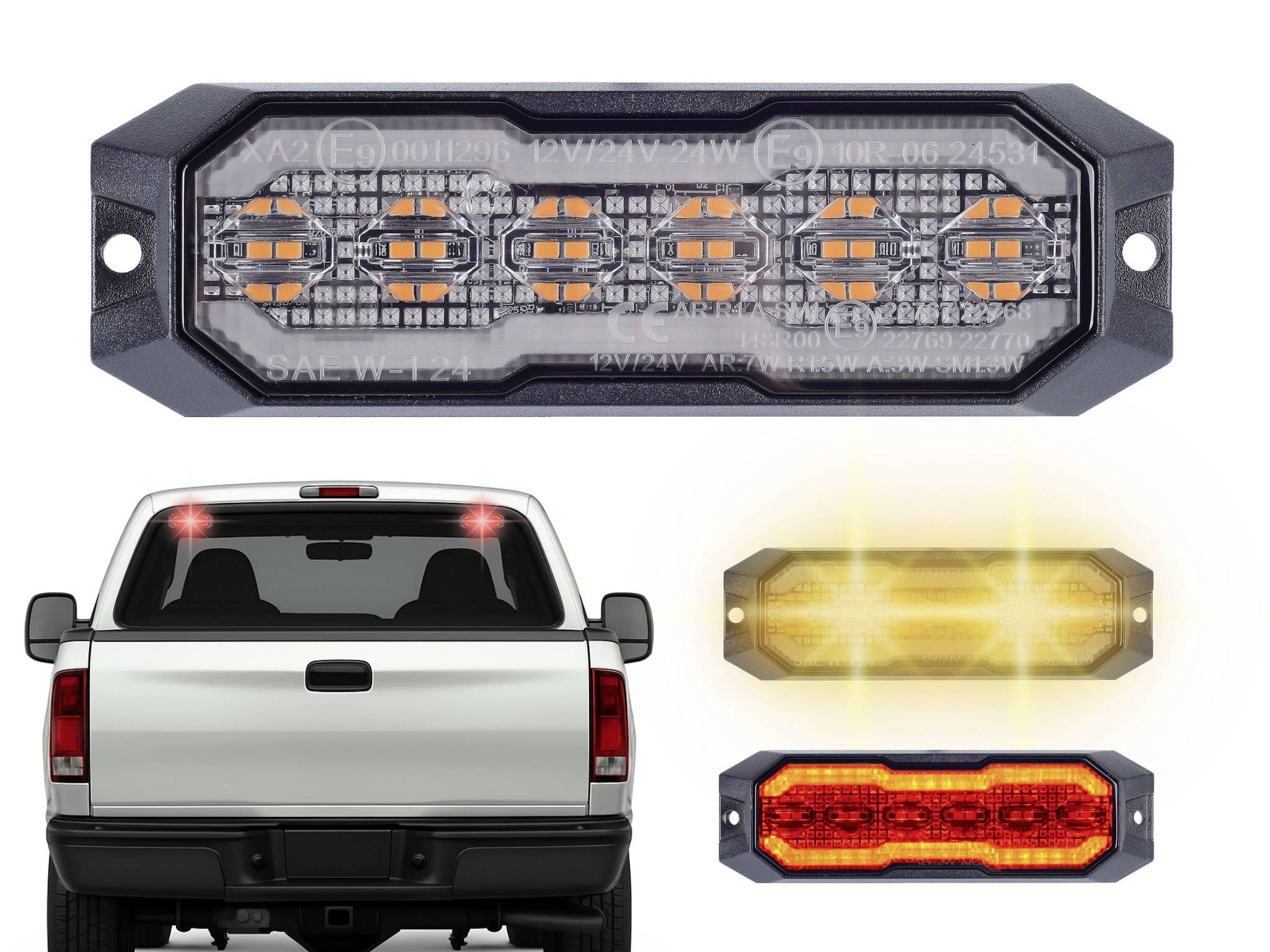LED-Warnblitzleuchte für Fahrzeuge, dargestellt in Bernstein-, Weiß- und Rotmodus. Über einem Pickup-Truck zur Veranschaulichung platziert.