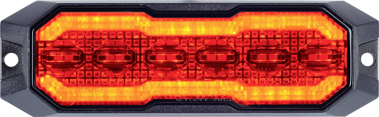Ein rechteckiges rotes LED-Rücklicht mit vier leuchtenden aufgereihten Elementen, umgeben von einem schwarzen Gehäuse.