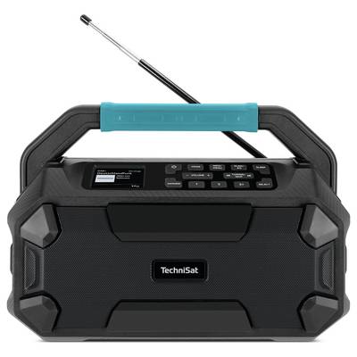 Ein tragbares, rechteckiges Radio mit Antenne und Bedienknöpfen auf der Oberseite, schwarz mit blauem Griff und dem Logo 'TechniSat'.