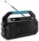 Ein tragbares Digitalradio in Schwarz mit einem blauen Tragegriff und ausziehbarer Antenne. Zeigt ein Display und Funktionstasten.