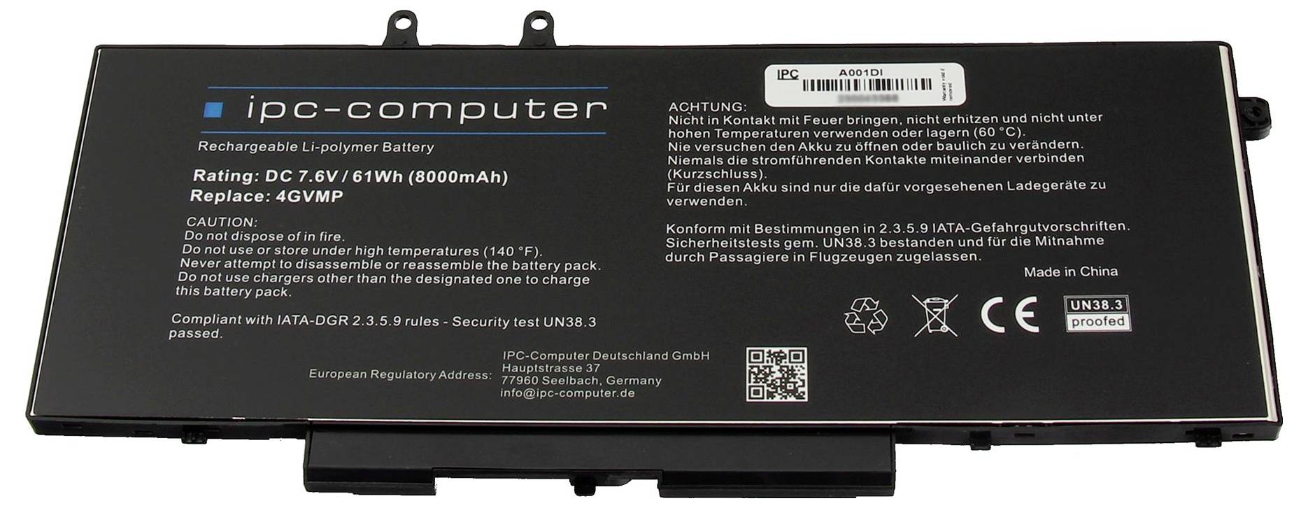 Lithium-Polymer-Akku mit 7,6V, 61Wh. Warnhinweise: Nicht zerlegen, kurzen, ins Feuer werfen oder Temperaturen über 60°C aussetzen.