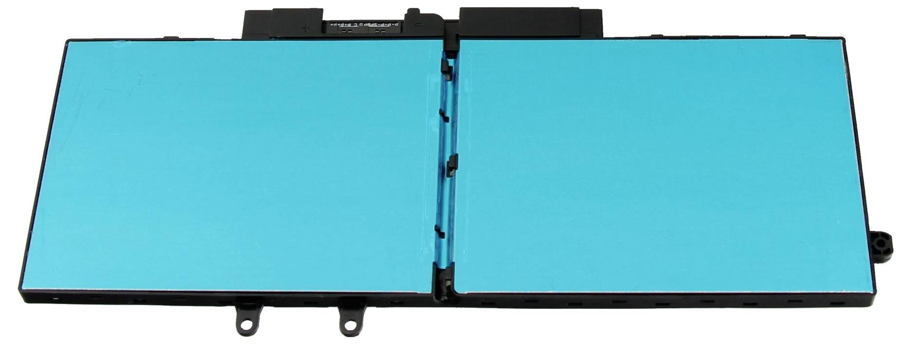 Ein rechteckiges, blaues Bauteil, möglicherweise ein Akku, bestehend aus zwei verbundenen Teilen, mit schwarzen Befestigungselementen.