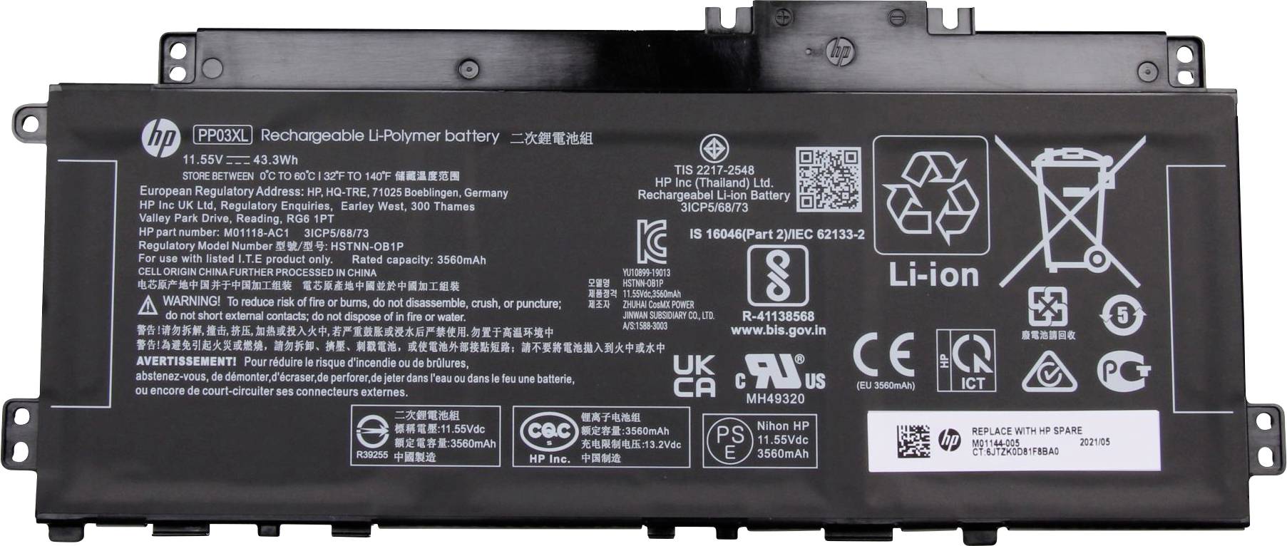 HP Notebook-Akku Akku M01118-AC1 11.55 V 3750 mAh HP