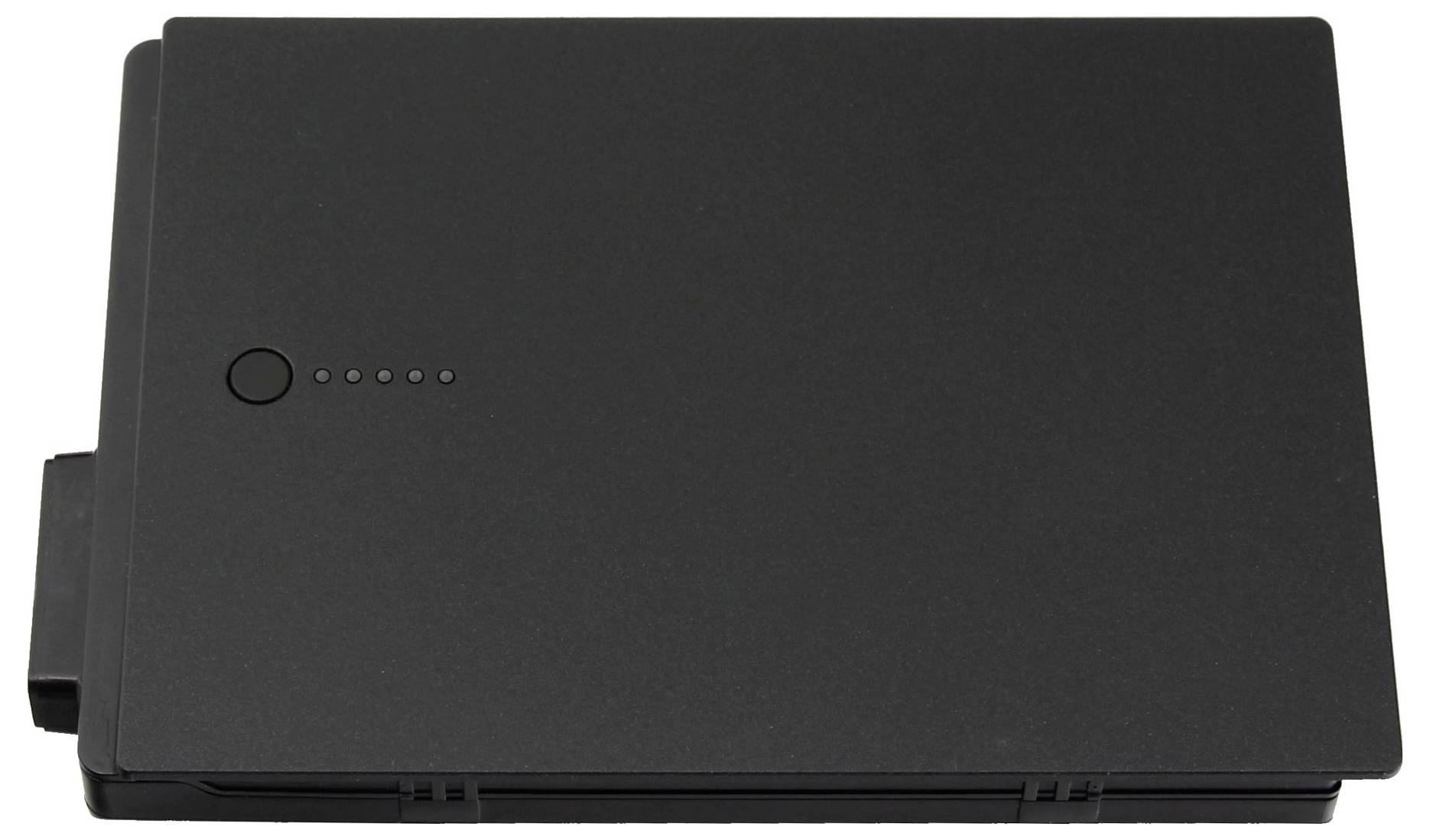 Ein schwarzer Laptop-Akku mit fünf LED-Anzeigen und einem runden Knopf, der den Ladestatus anzeigt.