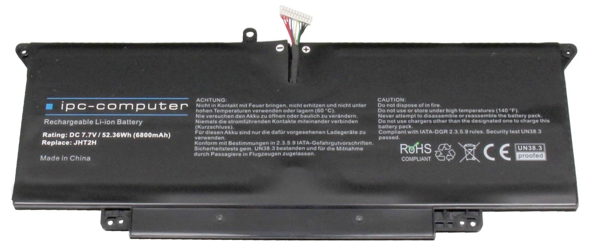 Lithium-Ionen-Akku von ipc-computer, Modell JHT2H, mit Spezifikation: DC 7.6V/52.56Wh. Warnt vor Feuergefahr und unsachgemäßer Handhabung.