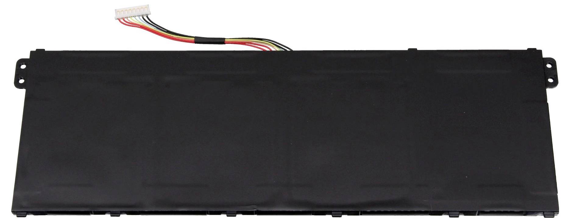 Schwarzer Laptop-Akku mit mehreren farbigen Kabeln und einem weißen Steckverbinder.