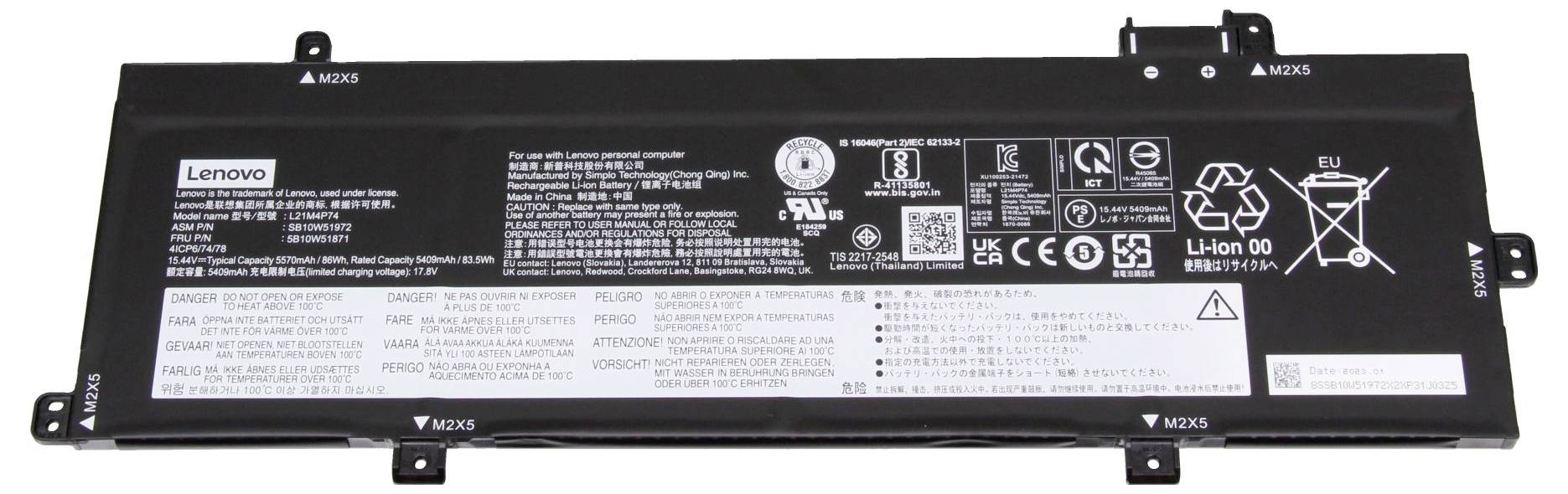 Schwarze Laptop-Batterie mit Aufschrift 'Lenovo'. Mehrere Zertifizierungs- und Warnsymbole sowie technische Spezifikationen sind sichtbar.