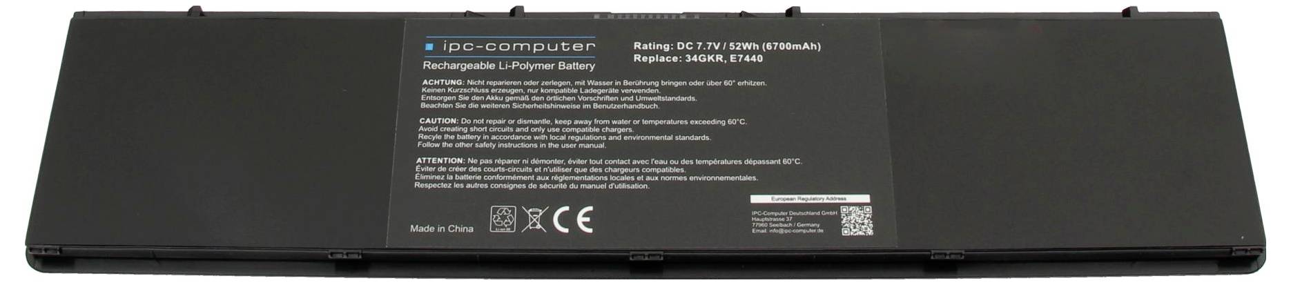 Wiederaufladbare Lithium-Ionen-Batterie von ipc-computer, Modellnummer 56WHM, DC 11.1V, als Ersatz für 56WHM 2P0XX. Hergestellt in China.