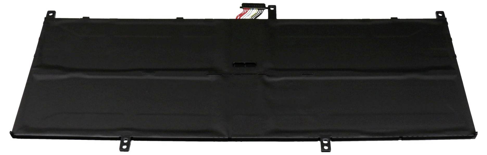 Ein rechteckiger schwarzer Laptop-Akku mit Anschlüssen oben.