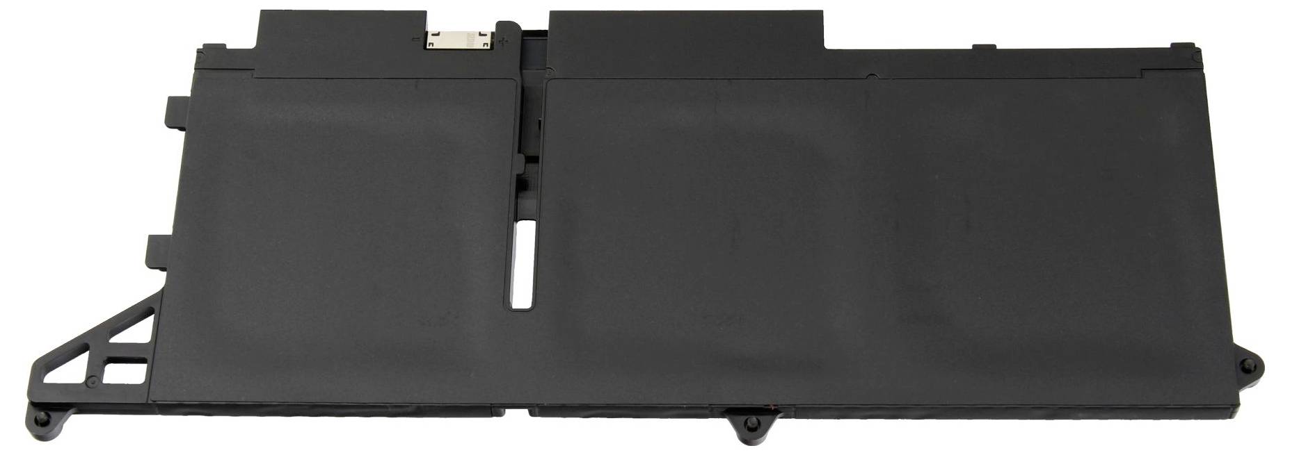 Ein schwarzer Laptop-Akku mit rechteckiger Form und mehreren Anschlüssen oben.