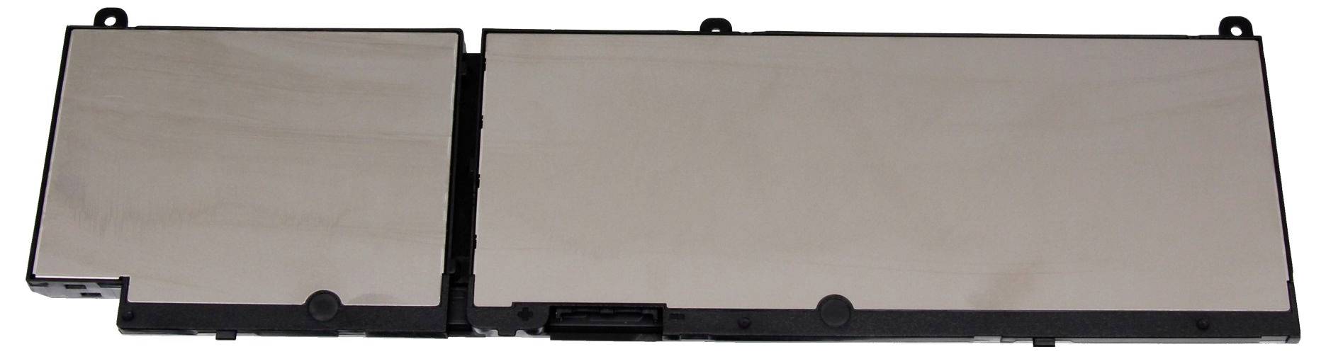Ein rechteckiger Laptop-Akku mit einem schwarzen Rand und mehreren Anschlusskontakten an der unteren Seite.