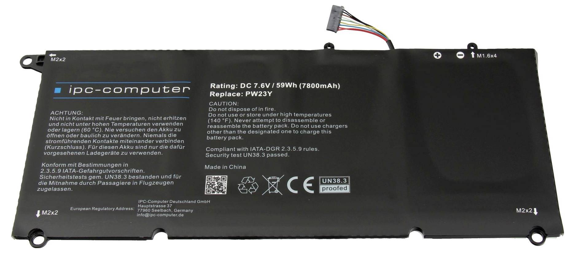 'Schwarzer Laptop-Akku der Marke 'ipc-computer' mit Spezifikationen: 7,6V, 59Wh, 7800mAh. Warnhinweise in Deutsch und Englisch.'