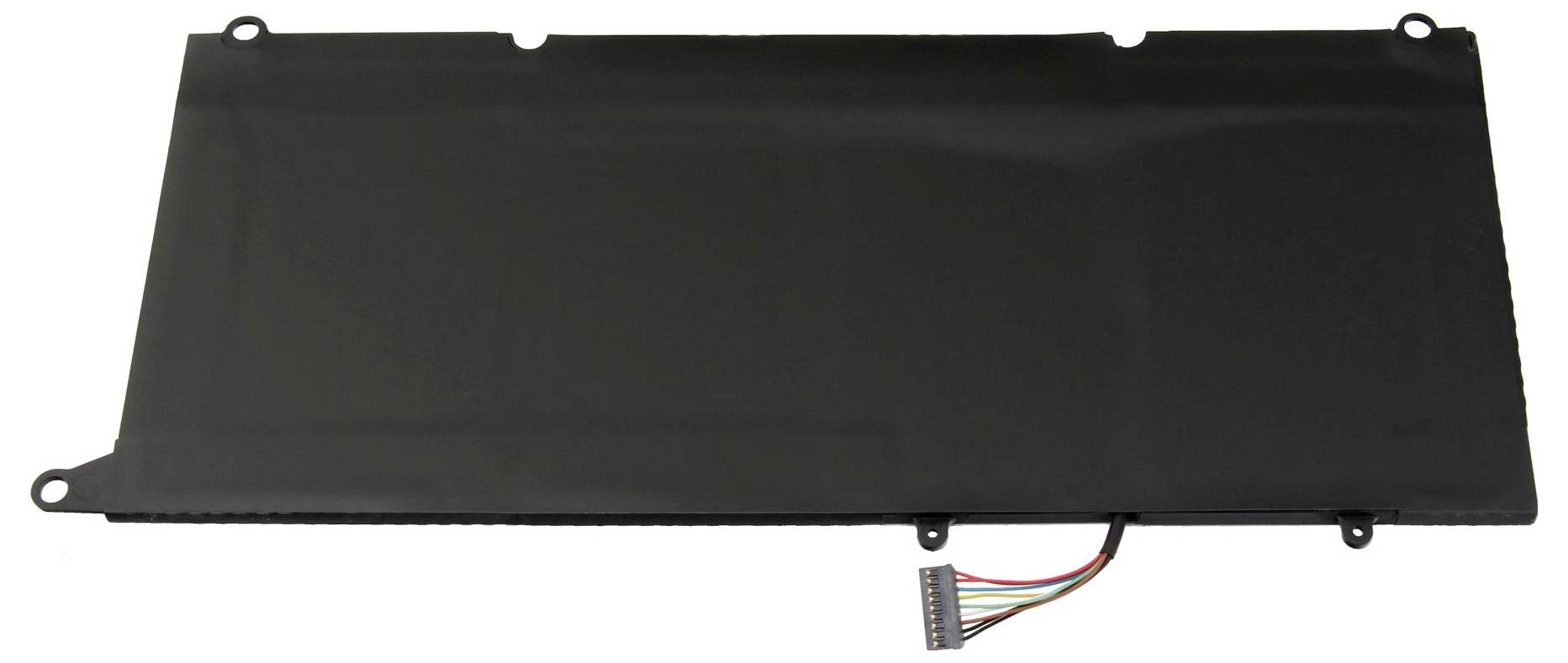 Ein rechteckiger, flacher Laptop-Akku mit Kabel und Steckverbindung auf einer Seite, bereit zur Installation in ein Laptop-Gerät.