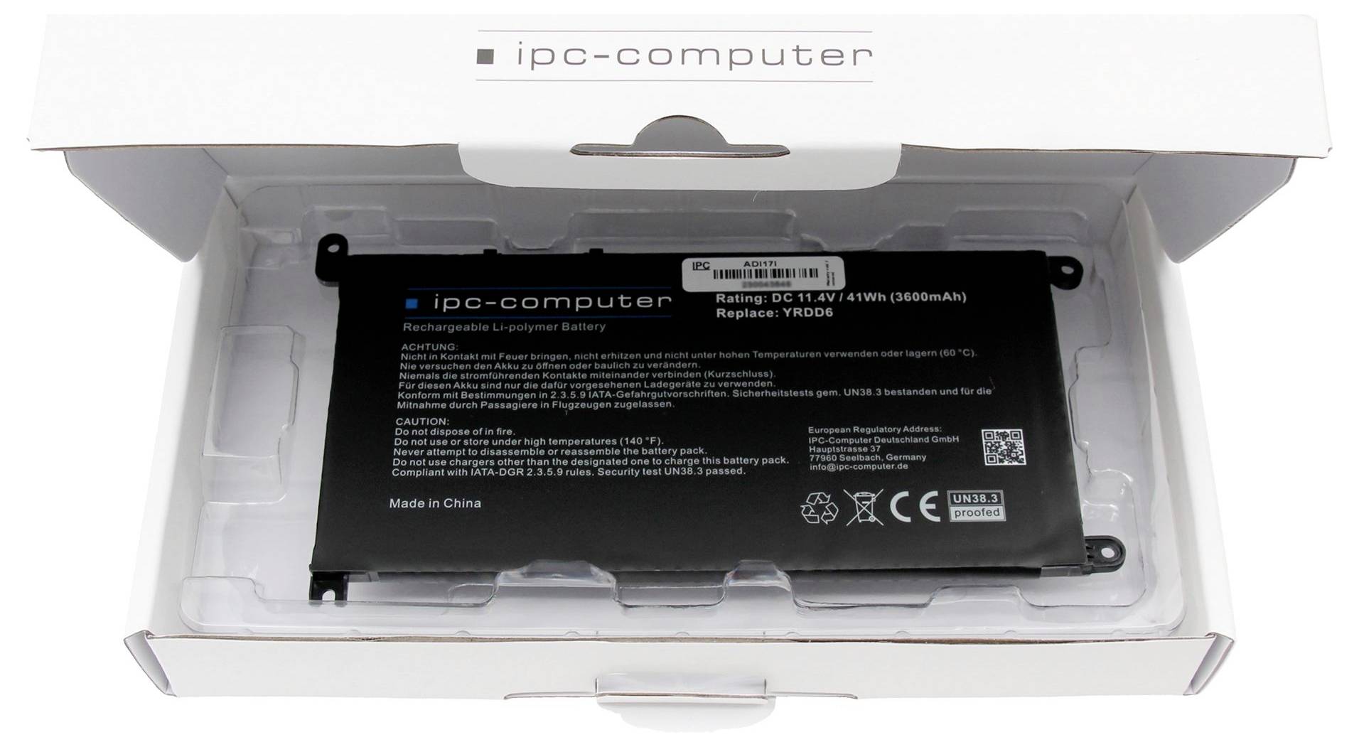 Eine Laptop-Batterie von ipc-computer in geöffneter Verpackung, Etikett zeigt Modellname und Spezifikationen, wie 15,4V und 2800mAh.