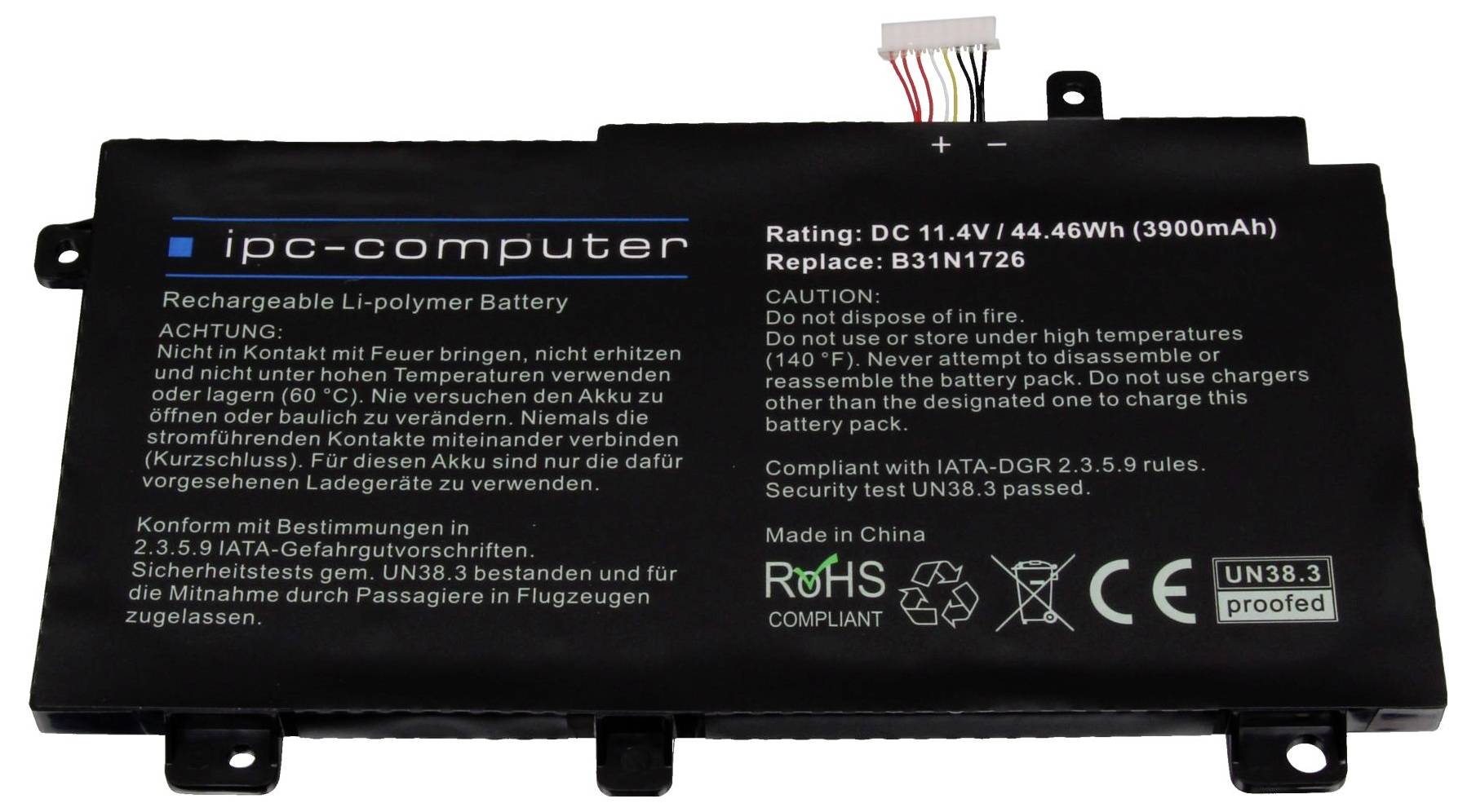 Wiederaufladbare Li-Polymer-Batterie von ipc-computer, 44,46 Wh. Warnhinweise enthalten: nicht bei hoher Temperatur lagern, nicht entsorgen.
