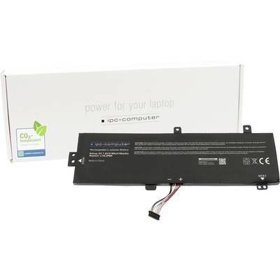Laptop-Akku von 'ipc-computer' vor einer Box. Die Box trägt den Text 'power for your laptop'. Neben dem Akku liegt ein Benutzerhandbuch.