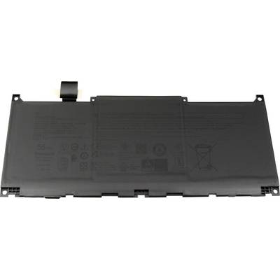 Laptop-Akku, rechteckige Form, schwarze Farbe, mit Herstellerinformationen und Sicherheitssymbolen auf der Oberfläche.