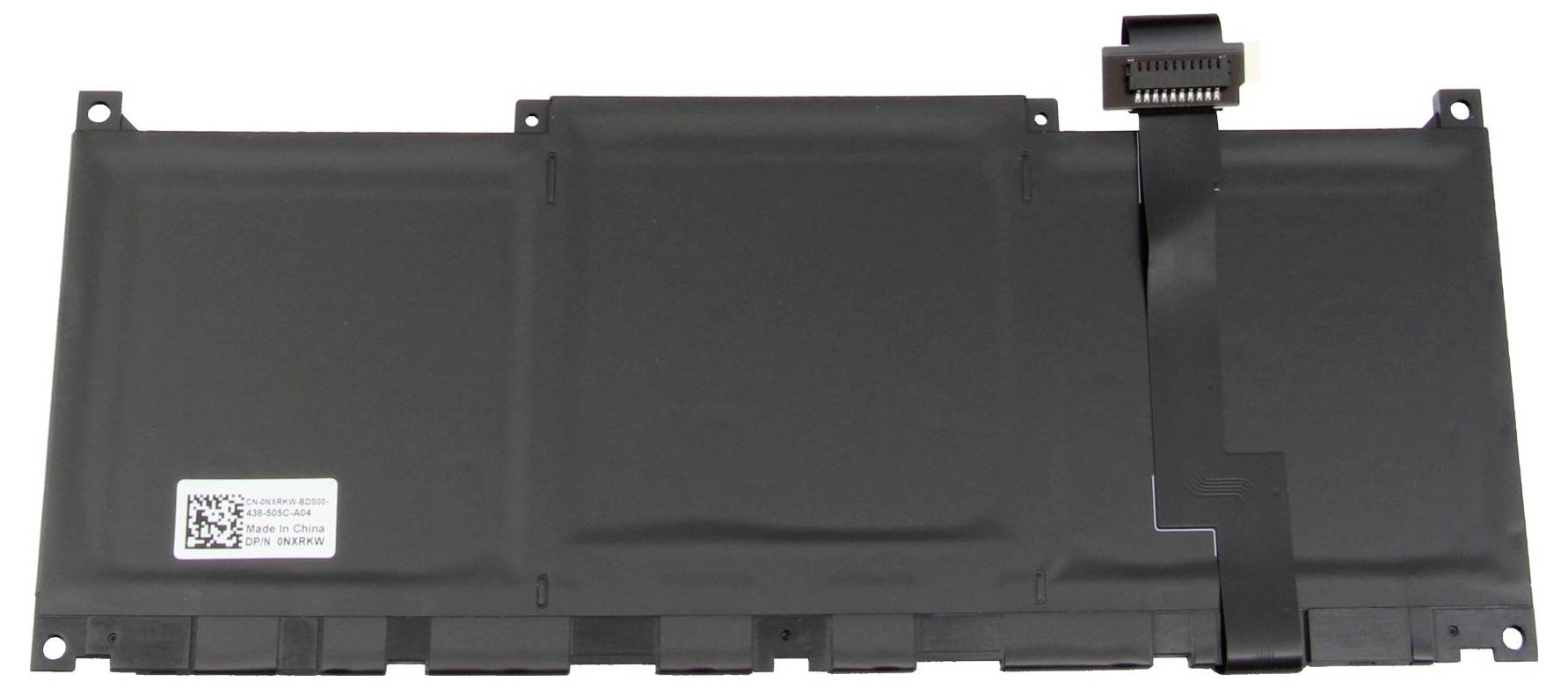 Schwarze Laptopbatterie mit rechteckiger Form und einem Kabelanschluss an der rechten Seite, geeignet für den Austausch.