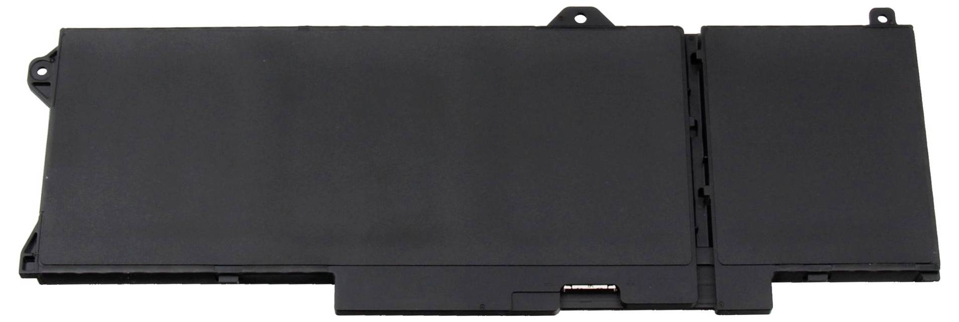 Ein schwarzer Laptop-Akku mit rechteckiger Form, mehreren Befestigungslaschen und Anschlüssen auf der Unterseite.