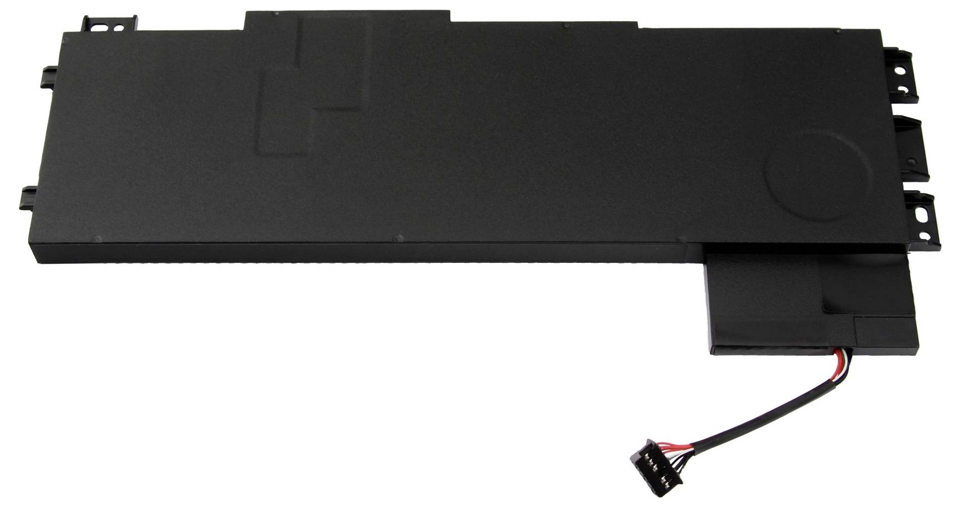 Ein rechteckiger Laptop-Akku mit einem schwarzen Gehäuse und einem herausragenden Anschlusskabel mit Stecker.