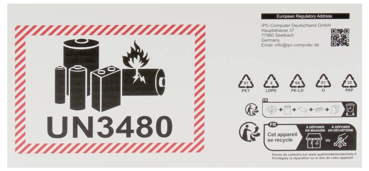 'Warnsymbol für Lithiumbatterie mit Flammensymbol, Text UN3480, Kontaktinformationen und Symbole für Recycling und Vorsichtsmaßnahmen.'