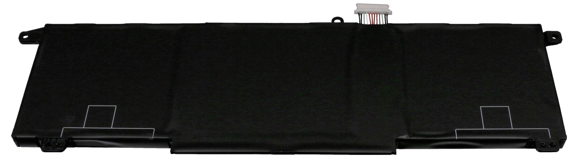 Großer, flacher Laptop-Akku mit schwarzem Gehäuse und Verbindungskabel an der Oberkante.